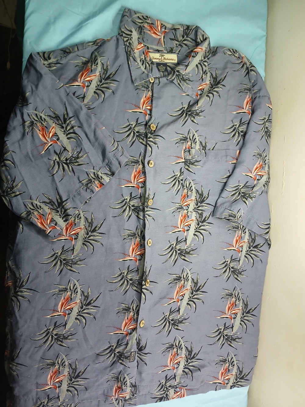 Tommy Bahama Blue Silk Tropical Print Shirt with Orange Accents